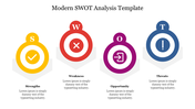 Modern SWOT analysis template with icons for strengths, weaknesses, opportunities, and threats placed in a white background.