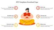 Slide with an illustration of a person meditating in the center, with six yoga categories in red and yellow theme.