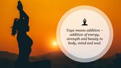 Silhouette of a person in a yoga pose at sunset, with a white circular text box on the right.