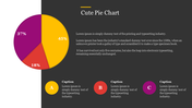Vibrant pie chart split into yellow, magenta, and red segments, paired with text on the right and three round legend markers.