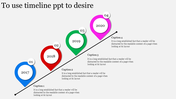Timeline slide with a diagonal line and four colorful location markers in blue, red, green, and pink, labeled 2017 to 2020.