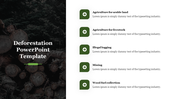 Dark background of tree logs with title, and green bullet points outlining causes of deforestation on the right.