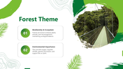 Forest theme PPT with jungle bridge, green leaves, abstract shapes, white background, and text holders on ecology.