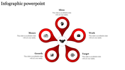 Infographic PPT slide with a handshake icon at the center and five red petals labeled Ideas, Money, Work, Growth, and Target.