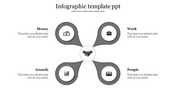 Circular infographic with gray petal nodes representing money, work, growth, and people around a handshake.