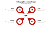 Infographic slide with a central handshake icon branching out to four red sections labeled money, work, growth, and people.