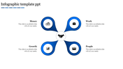 Circular layout with four blue petal shapes extending outward from a white center circle on a light background.