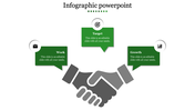 Infographic PowerPoint slide showing a handshake icon with three green labels Work, Target, and Growth with placeholder text.
