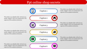 Online shop slide with six rounded rectangles in various colors, each containing icons and captions, on a gray background.