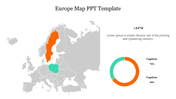 Europe map with highlighted countries in orange and green, paired with a circular chart on the right.