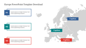 Europe map slide with three colored labels pointing to countries and matching numbered text boxes in blue, teal, and red.