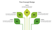 Tree concept design PowerPoint slide with five green leaves labeled 01 to 05, connected to a central stem with captions.