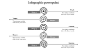 Five step infographic showcasing work, target, growth, money, and success with gray circular icons and horizontal layout.