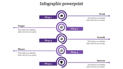 Five step infographic showcasing work, target, growth, money, and success with purple circular icons and horizontal layout.