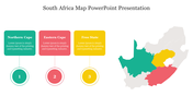 South Africa map with highlighted regions and three labeled boxes in green, red, and yellow, connected to numbered circles.