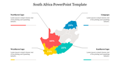 South Africa slide featuring a colorful map highlighting many regions with percentages and placeholder text.