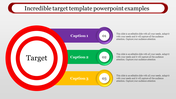 Target PowerPoint slide featuring a central target graphic with three colorful sections labeled caption 3, each with text.