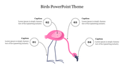 A bird themed PowerPoint slide with a flamingo illustration and four labeled captions for each feature.