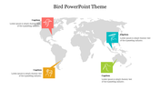 Slide with a gray world map, highlighted with bird themed icons in red, blue, yellow, and green, and text.