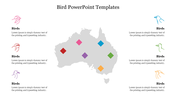 Australia map with six colorful diamond markers and bird illustrations on the sides, representing different regions.