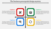 Business diagram with four squares in red, green, blue, and yellow frames, featuring icons and aligned black arrows.