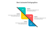 Four animated step infographic aligned diagonally, featuring colored sections in teal, yellow, red, and blue with captions.