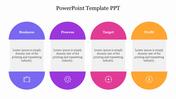 Colorful PPT template featuring business, process, target, and profit sections, with relevant icons and placeholder text.