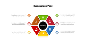 Business slide with a central heading and icons for various business elements with placeholder text.