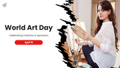 World Art Day PPT with red black theme, artist painting image, brush shapes, text boxes and creative art slides.