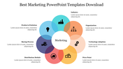 Radial chart featuring eight circles with icons, each representing an element of marketing strategy surrounding a  white hub.