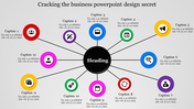 Business PowerPoint template featuring a central heading with 12 colorful icons and captions around it.