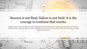 Inspirational quote slide with a glowing light bulb on the right and hand-drawn business icons in the background.