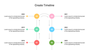Horizontal timeline showing years 2018 to 2022 with colored dots and placeholder text under each year.