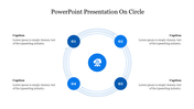 Circular process infographic with four numbered blue nodes arranged in a loop, around a central icon of a rocket.