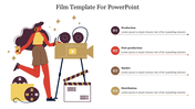 Creative colorful PPT template showing the stages of film production with a woman and a film camera with placeholder text.