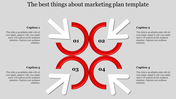 Slide with four red semicircles in a circular pattern, with white arrows pointing inward, and captions, on a gray background.