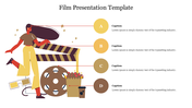 Film PowerPoint template with sections labeled A, B, C, and D, featuring a woman with a movie clapper and film reel.