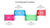 Wave shaped infographic with four colorful sections in pink, blue, green, and red, each numbered from 01 to 04.
