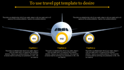 Travel themed PPT slide featuring an airplane with three circular captions on the front and wings, highlighting key points.