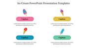 Four colorful ice cream icons with pink, yellow, teal, and blue oval text boxes and descriptive text below.