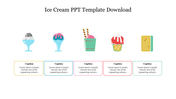 Various ice cream illustrations in colorful scoops, cones, and sandwich, each paired with a caption box below.