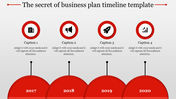 Red timeline design with four circular icons representing milestones for 2017 to 2020 on curved labels below.