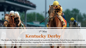 A vibrant slide celebrating kentucky derby day, featuring a racehorse and jockey in action with details about the event.