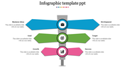 Infographic with vertical arrows pointing left and right, featuring business icons in the center and placeholder text areas.