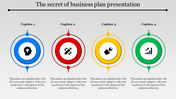 Template with four circular sections, each containing an icon and a Caption related to a business plan element.