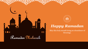 Ramadan greeting slide with ornate mosque illustration, white decorative border on top, and a blessing message.