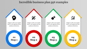 Four colorful house shaped arrows pointing upward, each representing a business step in blue, red, green, and yellow.