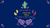 Cinco de mayo themed slide with colorful illustrations of guitars, chili peppers, lemon slices, a cactus and festive banners.
