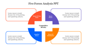 Circular infographic showing Porter’s Five Forces with segments and matching text boxes for each force around a rivalry.