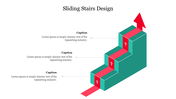 Stylized ascending stairs with red steps, each linked with upward arrows, and three captions areas.
